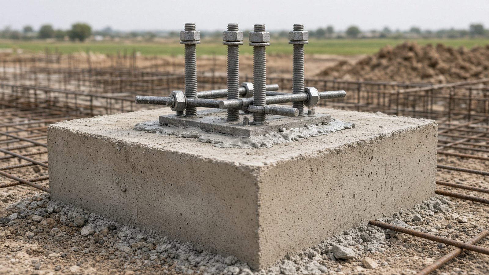 PEB anchor bolts set in a concrete pedestal foundation