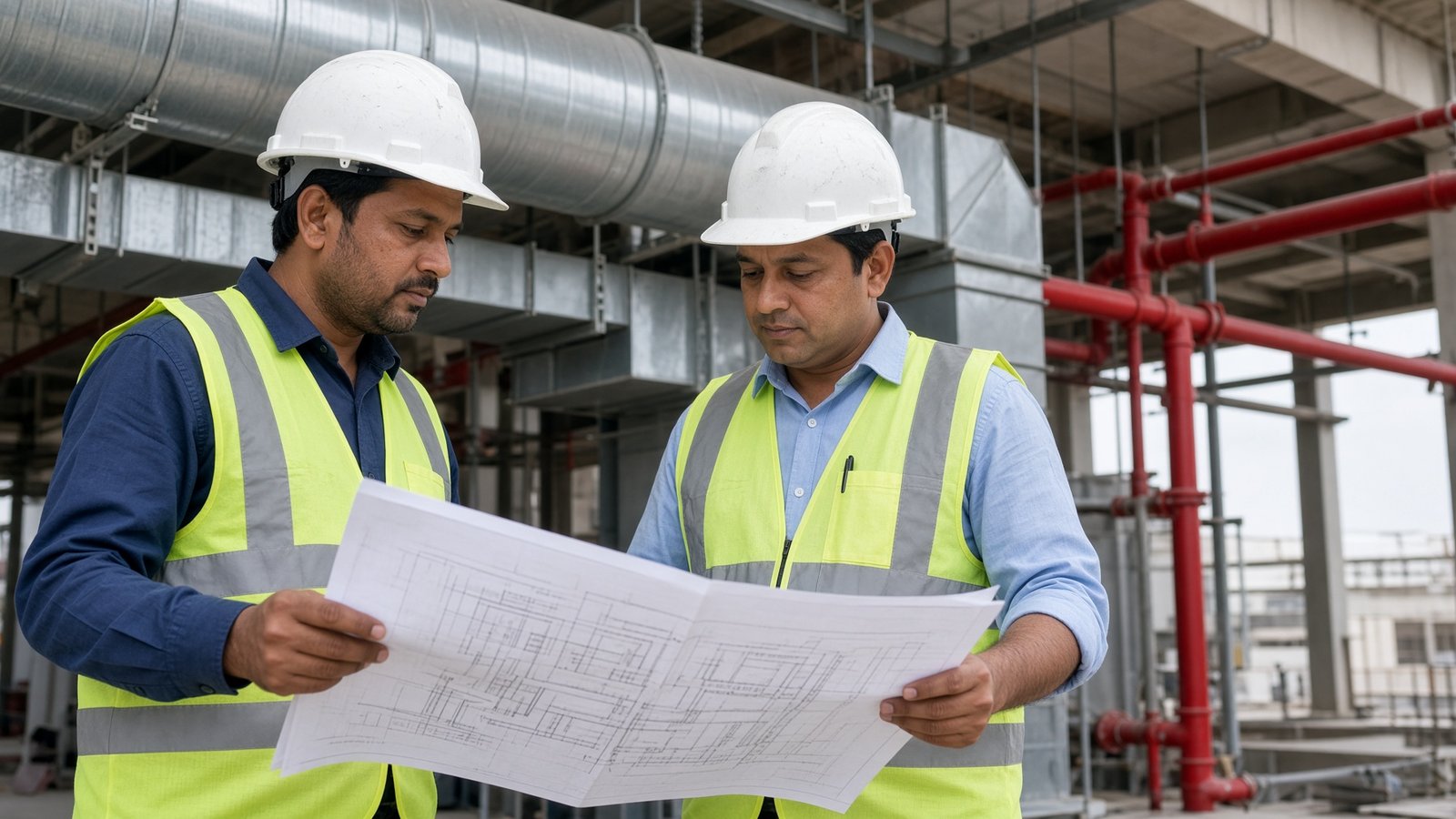 Site engineers reviewing drawings beside exposed services