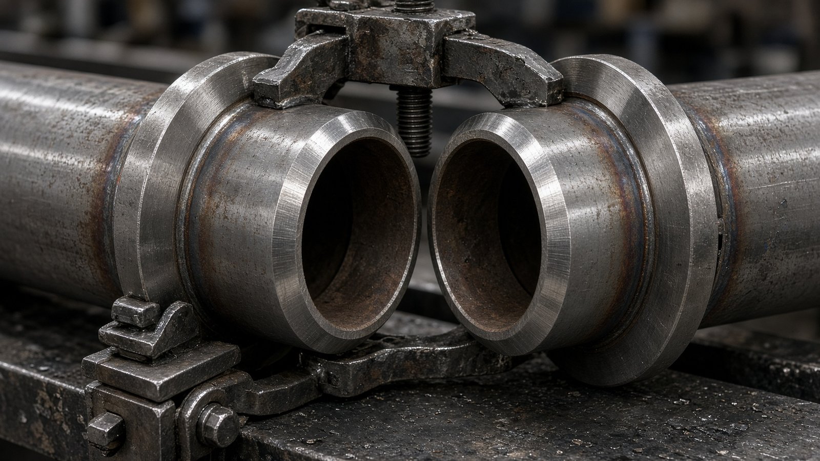 Bevelled pipe ends and weld-neck flanges in fit-up on a fabrication bed