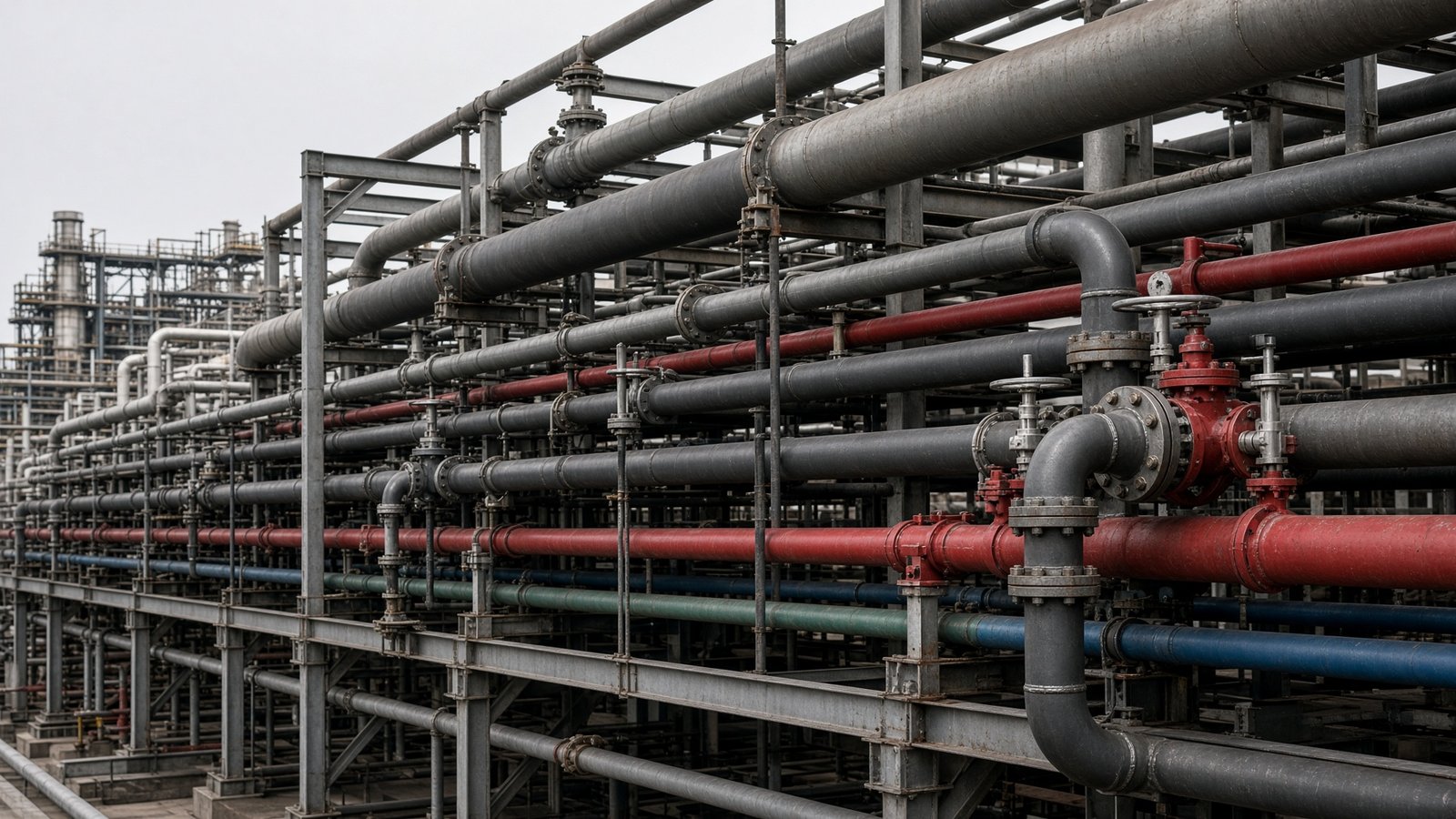 Industrial process and fire-water pipe rack with valves and flanges