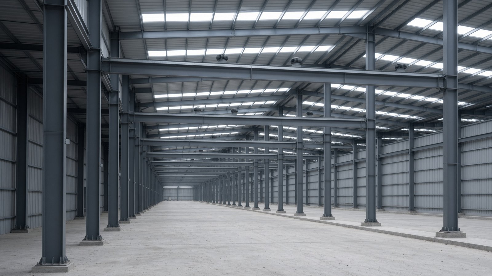 Structural steel columns and crane beams inside a PEB industrial shed