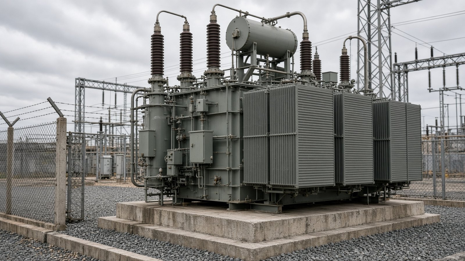 Oil-filled distribution transformer on a concrete plinth in a switchyard